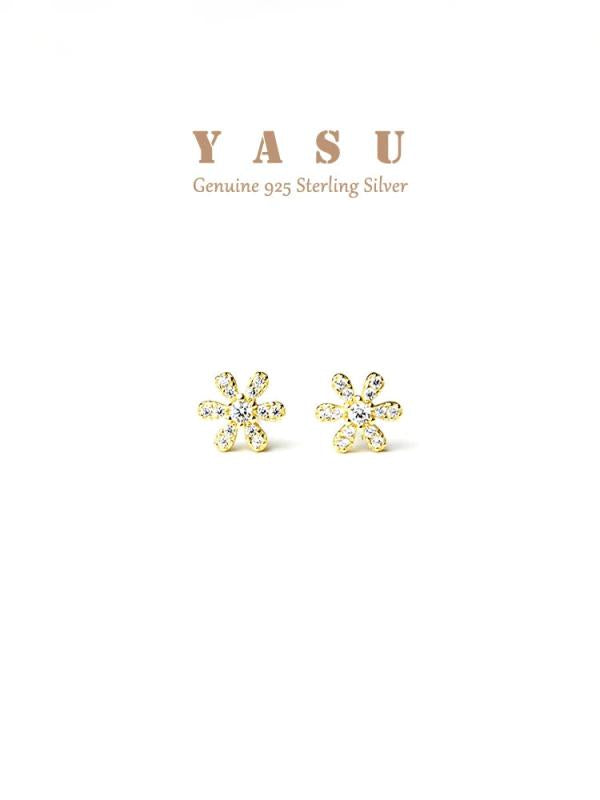 925 Silver Flower Ear Studs 14K Plated Crystal Wedding Jewelry Accessories