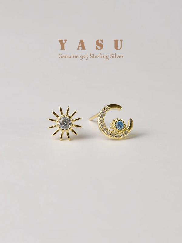 925 Silver Sun Moon Stud Earrings 14k Plated Crystal Goddess Jewelry