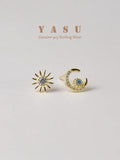 925 Silver Sun Moon Stud Earrings 14k Plated Crystal Goddess Jewelry