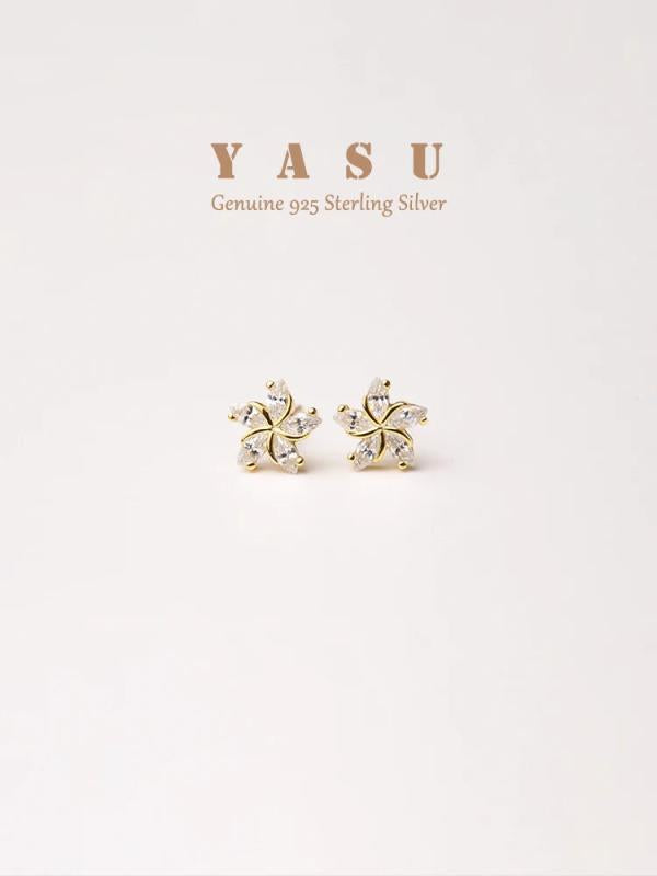 925 Silver Small Stud Earrings Flower Crystal Zirconia Party Jewelry