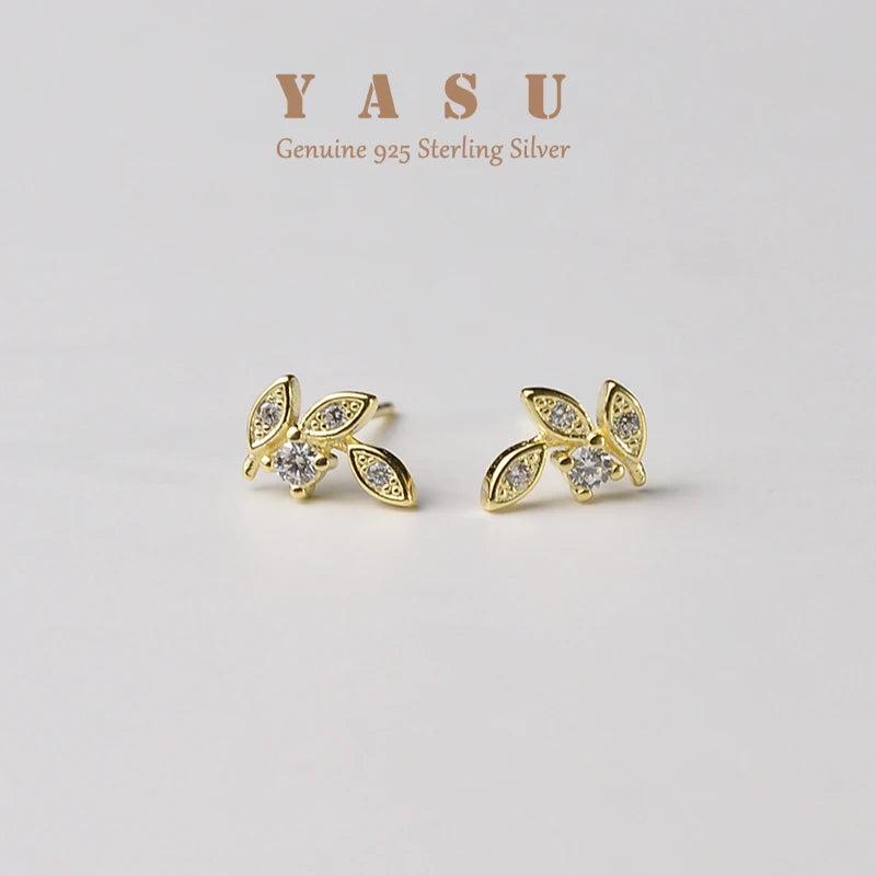 Yasu 925 Silver Leaf Stud Earrings 18K Plated with Crystal