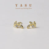 Yasu 925 Silver Leaf Stud Earrings 18K Plated with Crystal