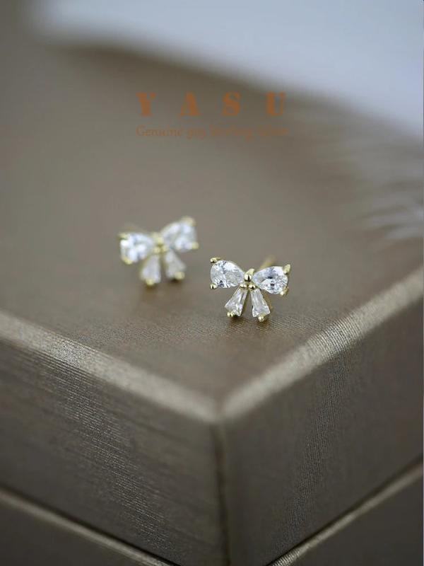 Yasu 925 Silver 14K Plated Crystal Diamond Bowknot Earrings