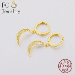 925 Silver Moon Crescent Zirconia Hoop Earrings for Women