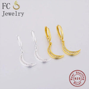 925 Silver Moon Crescent Zirconia Hoop Earrings for Women