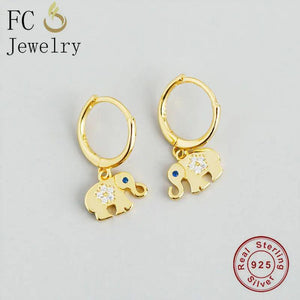 925 Silver Elephant Eye CZ Bead Hoop Earrings