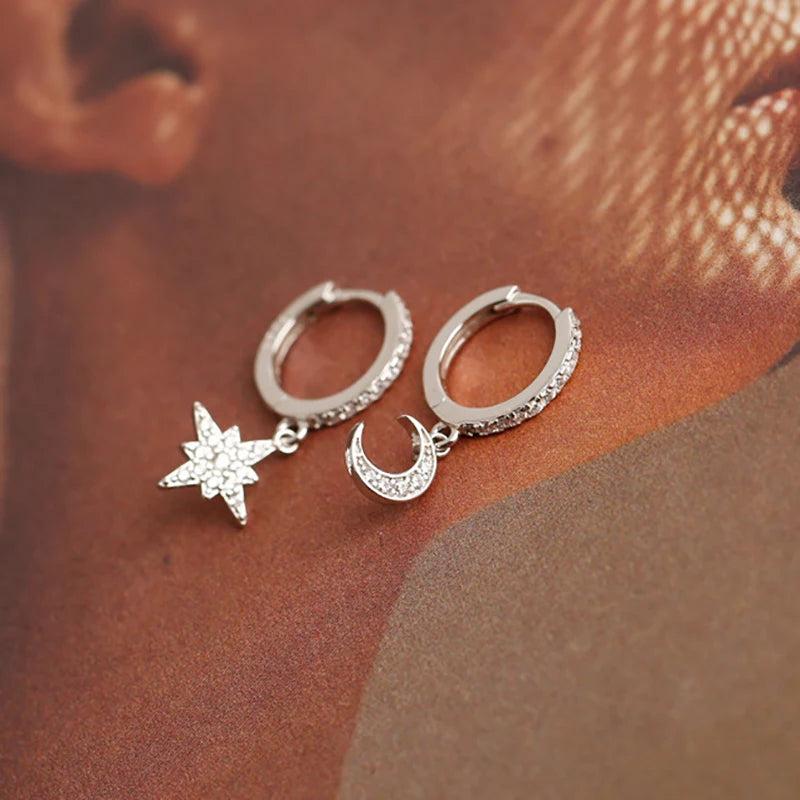925 Silver Moon & Star CZ Asymmetric Hoop Earrings