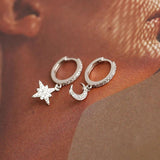 925 Silver Moon & Star CZ Asymmetric Hoop Earrings