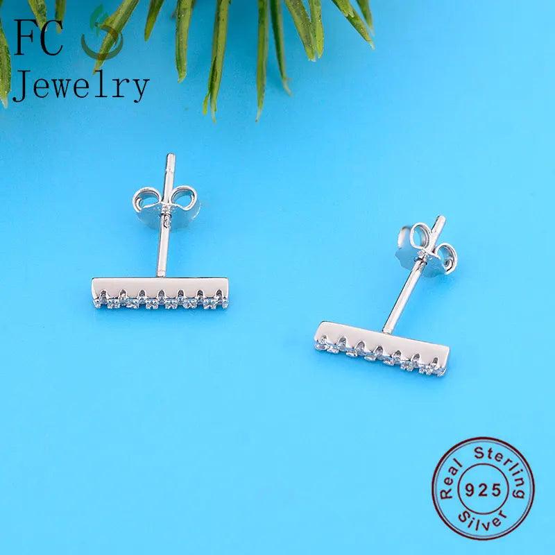 925 Silver Square Arc Bar Stud Earrings Zirconia Stripe Brincos