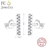 925 Silver Square Arc Bar Stud Earrings Zirconia Stripe Brincos