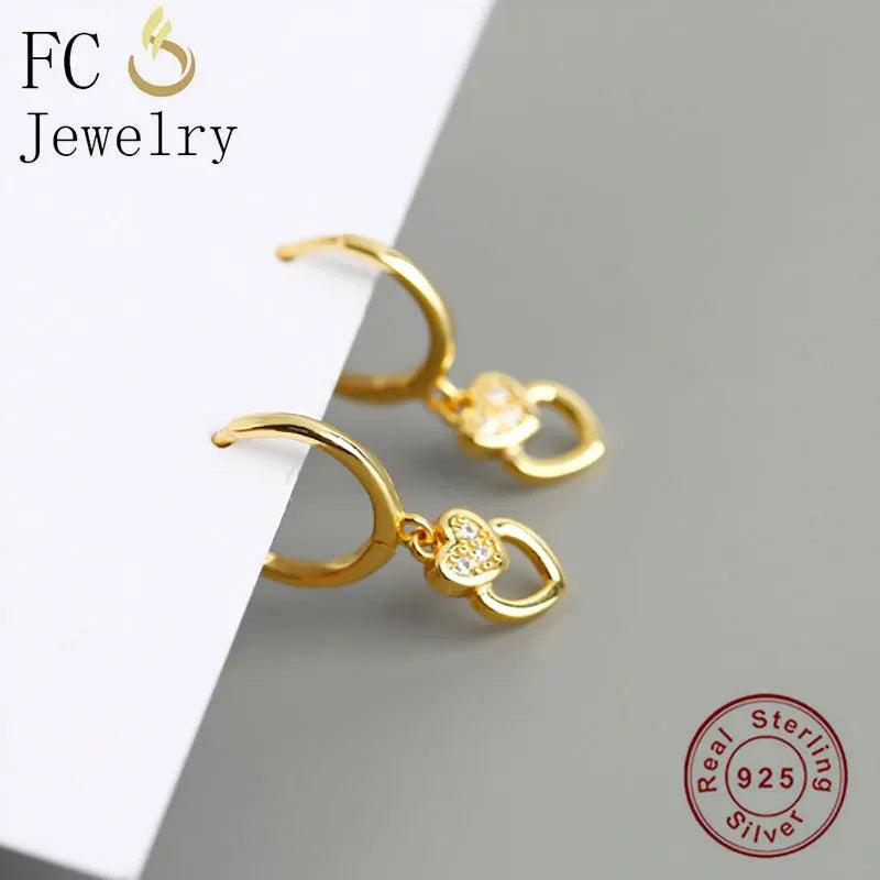 925 Silver Circle Heart Lock Hoop Earrings Women's Brinco