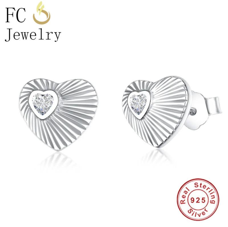 925 Silver Heart Stud Earrings Clear CZ Stone for Women Brincos