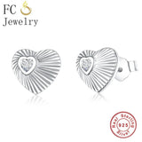 925 Silver Heart Stud Earrings Clear CZ Stone for Women Brincos