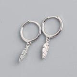 925 Silver Leaves Feather Drops Hoop Earrings for Women Birthday Gift