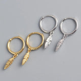 925 Silver Leaves Feather Drops Hoop Earrings for Women Birthday Gift