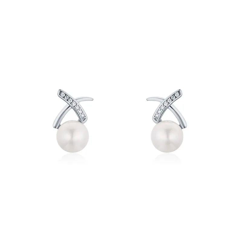 Grace 925 Silver Cross Pearl Stud Earrings Women Kids Jewelry