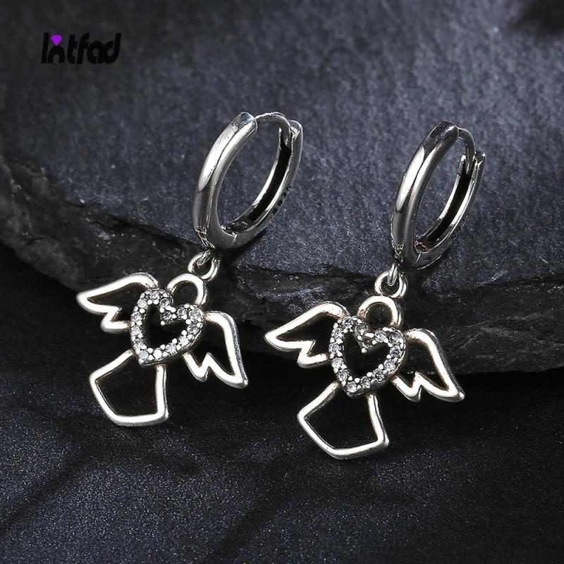 925 Silver Heart Angel Hoop Earrings Women Jewelry Gift
