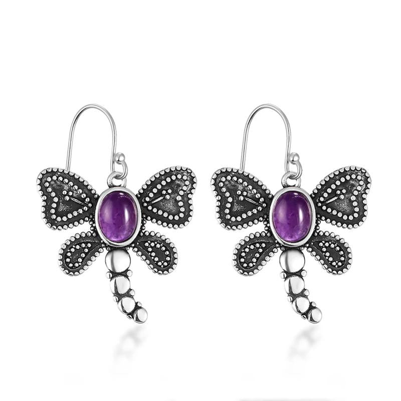 6x8MM Oval Amethyst Butterfly Drop Earrings 925 Sterling Silver Fine Jewelry