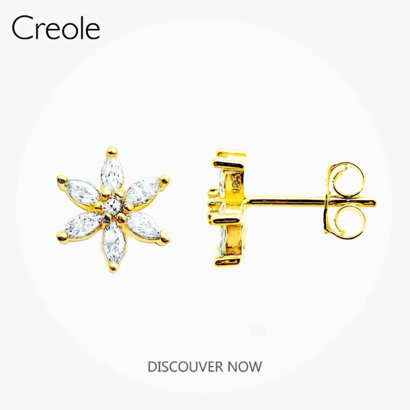 Golden Flower Ear Studs 925 Silver Zircon Stones Women Fine Earrings
