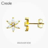 Golden Flower Ear Studs 925 Silver Zircon Stones Women Fine Earrings