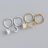 925 Silver Crystal Moon Star Hoop Earrings for Women