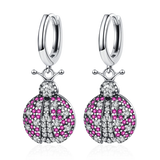 Pink Beetle 925 Sterling Silver Hoop Earrings Zircon Inlaid Stylish Fine Jewelry
