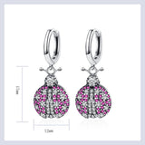 Pink Beetle 925 Sterling Silver Hoop Earrings Zircon Inlaid Stylish Fine Jewelry