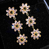 Pink Crystal Flower Long Earrings - Sweet & Light Ladies Jewelry