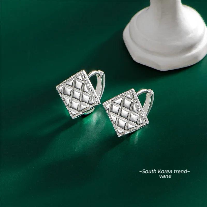 925 Silver Vintage Diamond Plaid Earrings French Women Party Jewelry