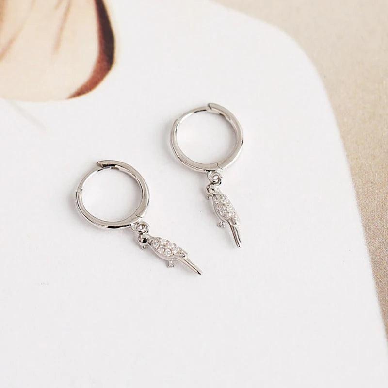 925 Silver Bird Parrot Zirconia Pendant Hoop Earrings