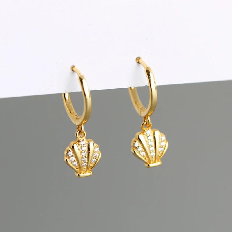 925 Silver Sea Shell Zircon Pendant Hoop Earrings