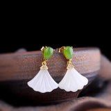 Silver Inlaid Hetian Jade Fan Earrings - Chinese Retro Fairy Charm Gift