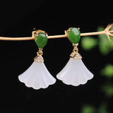 Silver Inlaid Hetian Jade Fan Earrings - Chinese Retro Fairy Charm Gift