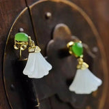 Silver Inlaid Hetian Jade Fan Earrings - Chinese Retro Fairy Charm Gift
