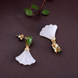 Silver Inlaid Hetian Jade Fan Earrings - Chinese Retro Fairy Charm Gift