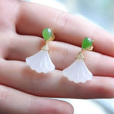 Silver Inlaid Hetian Jade Fan Earrings - Chinese Retro Fairy Charm Gift