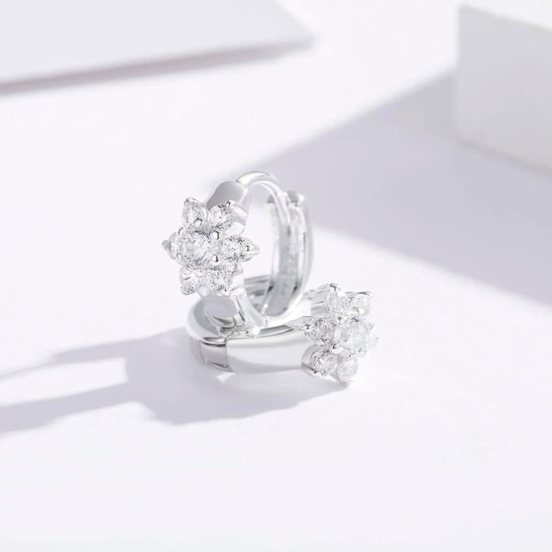 925 Silver Flower CZ Circle Huggie Hoop Earrings For Girls
