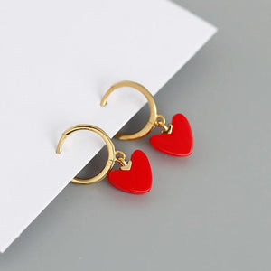 925 Silver Red Heart Pendant Hoop Earring