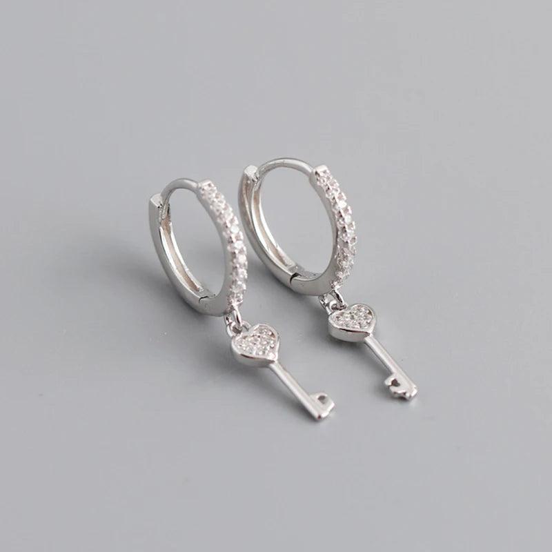 925 Silver Heart Key Zirconia Hoop Earring Women Oorbellen