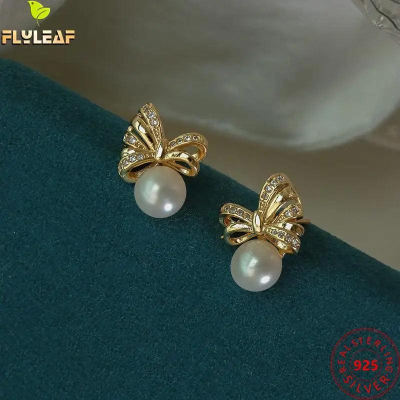 925 Sterling Silver Stud Earrings Women Retro Pearl Bow Fine Jewelry