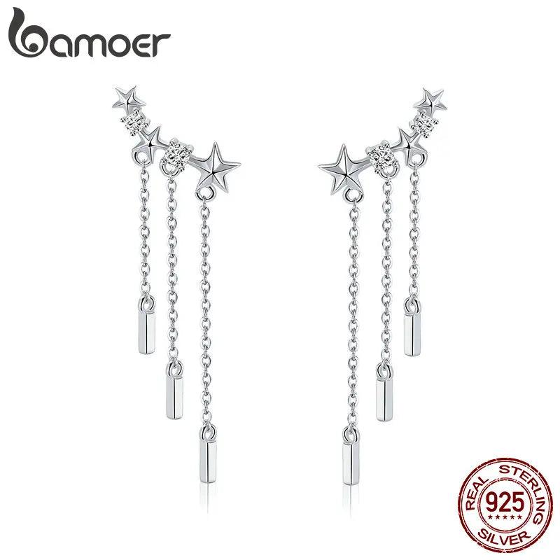 925 Silver Long Chain Star CZ Drop Earrings Women Jewelry SCE399