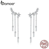 925 Silver Long Chain Star CZ Drop Earrings Women Jewelry SCE399