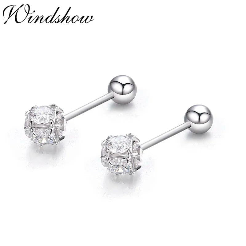 925 Silver CZ Square Ball Screw Stud Earrings For Women Girls Kids