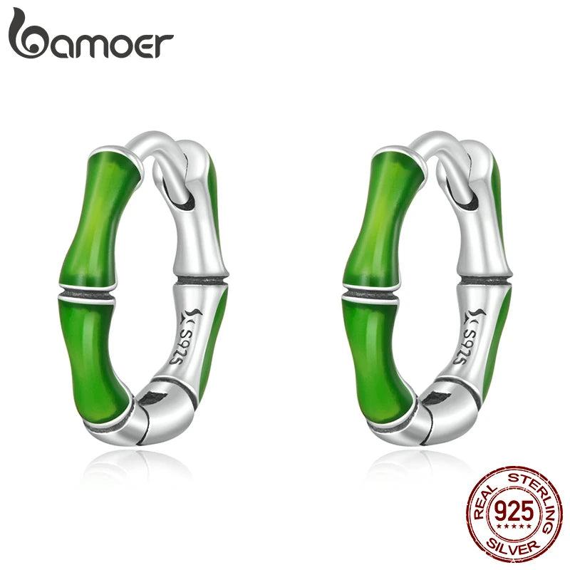 Green Bamboo Hoop Earrings 925 Silver Fine Jewelry Women Gift Brincos