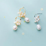 Sterling Silver Pearl Flower Earrings Hoop Jewelry Brincos
