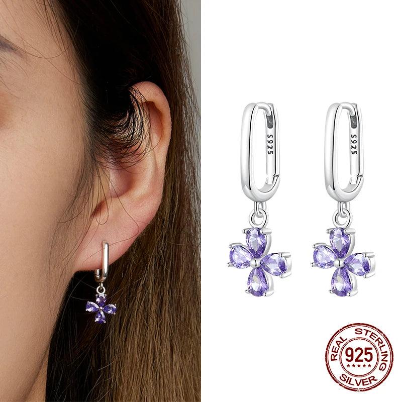925 Silver Purple Flower Heart Cross Earrings Zircon Drop Earrings