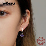 925 Silver Purple Flower Heart Cross Earrings Zircon Drop Earrings