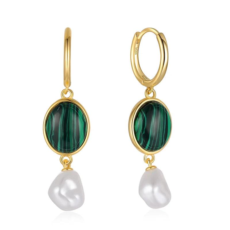 925 Silver Malachite Pearl Pendant Dangle Earrings Women Fine Jewelry