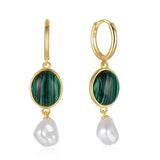 925 Silver Malachite Pearl Pendant Dangle Earrings Women Fine Jewelry