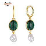 925 Silver Malachite Pearl Pendant Dangle Earrings Women Fine Jewelry